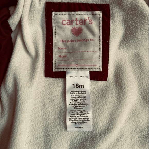 π3/$20π Carter's Red Puffer Jacket with Faux Fur Hood - Picture 4 of 10